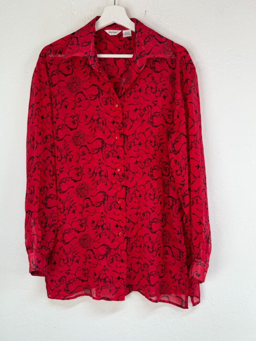 VINTAGE Dorman Womens Red Abstract Floral Silk Sheer Button Up Blouse Whimsigoth